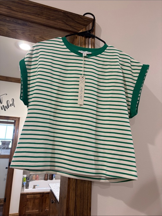 She + Sky Tops - She + Sky Green and White Striped Short Sleeve Tee